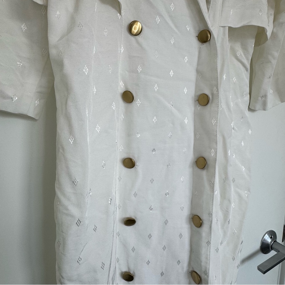 14 Vintage Old Money Minimalist White Patterned Collared V-Neck Midi Dress Gold - Picture 6 of 13
